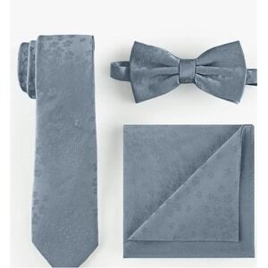 Azazie Men's Dusty Blue Jacquard Skinny Tie Bow Tie Pocket Square Set New In Box